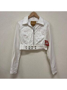 NWT Vintage Guess Jeans White Denim Crop Belted Jacket sz Medium